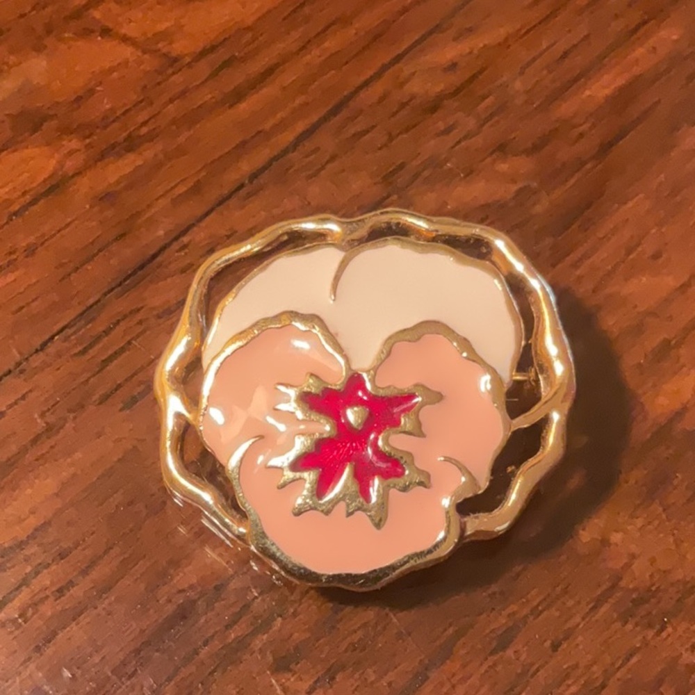 Floral Enamel Brooch with Gold Trim